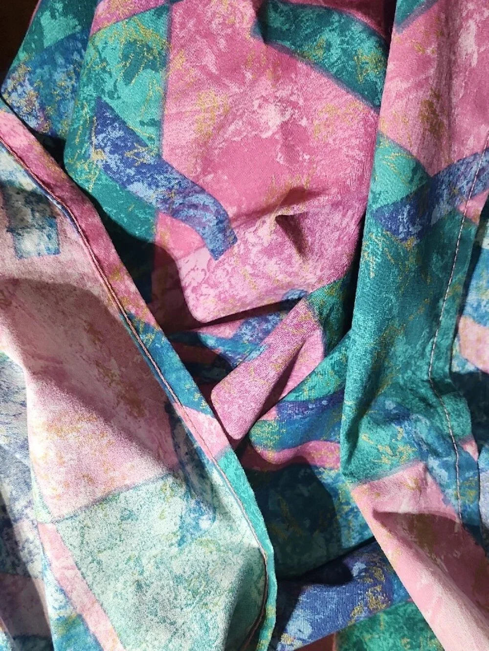 💥4th July Sale 💥1980s Abstract Geometric Print Curtain Panel Teal Pink 68